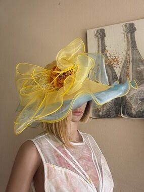 Elegant Yellow & Light Blue Wide-Brim Floral Occasion Hat